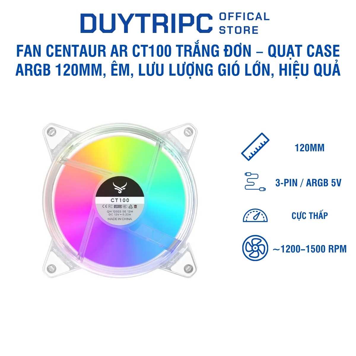 Fan Centaur AR CT100 Trắng Đơn – Quạt Case ARGB 120mm, Êm, Lưu Lượng Gió Lớn, Tản Nhiệt Hiệu Quả